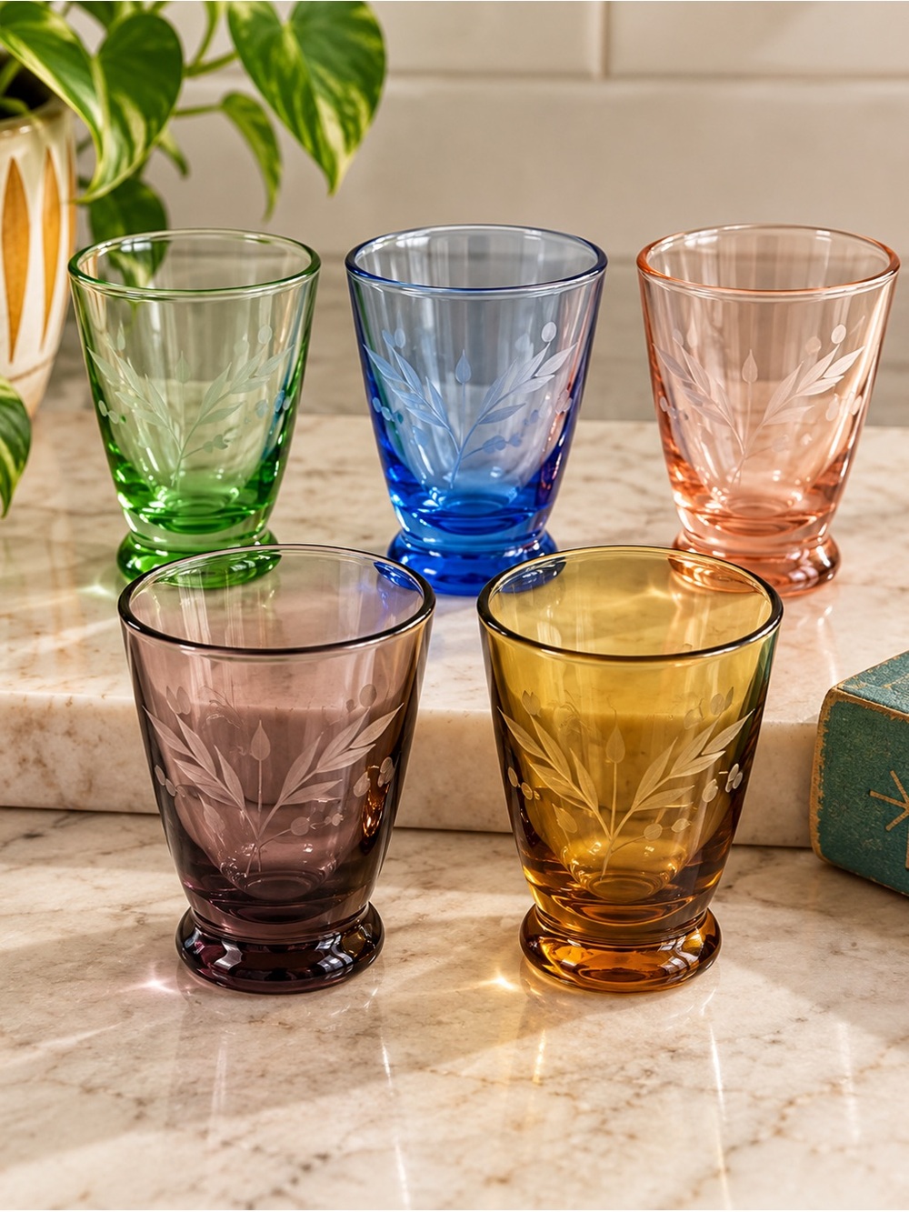 Set of 5 Vintage Etched Multi-Color Glass shot glasses